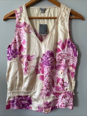 Ann Taylor 100% Silk Y2K Cream Silk Floral V-Neck Tank with Pink Accents